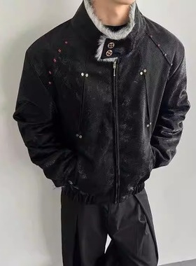 银狐黑色重磅狼毛座山雕棉衣外套男秋冬加绒加厚保暖棉服蛇纹皮衣