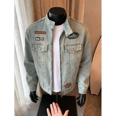 春秋美式复古贴章设计感水洗做旧刺绣牛仔衣外套男女高街工装夹克