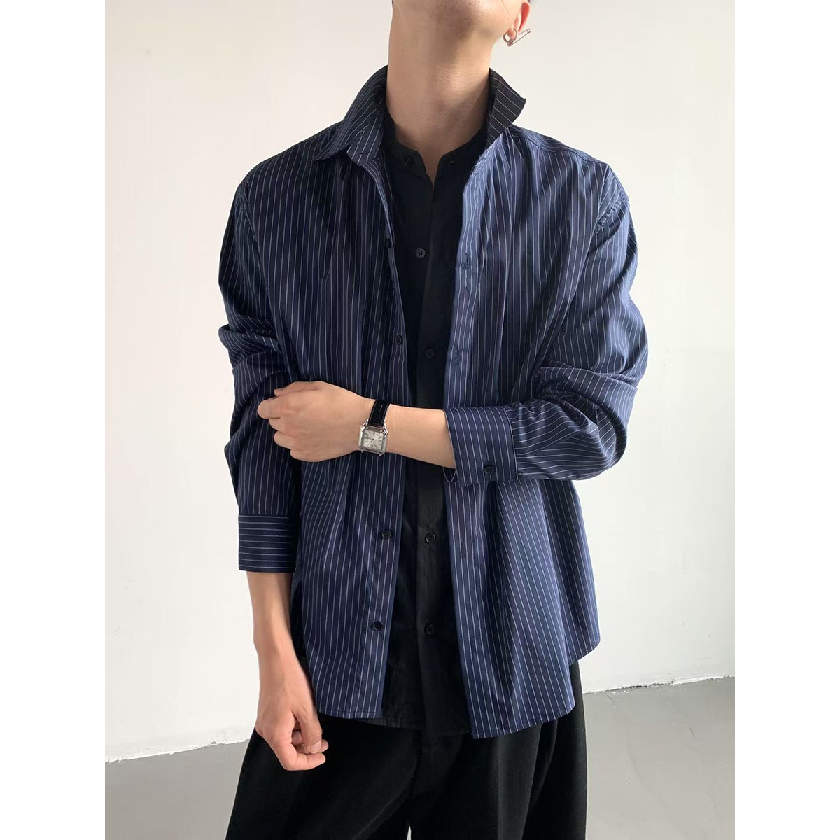 日系简约百搭秋冬季休闲慵懒风假两件衬衫拼接拼接条纹衬衣男女款