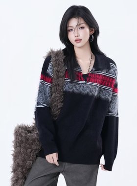 慵懒潮流ins简约新款时尚高质量V领貂毛提花毛衣日系文艺原宿流行