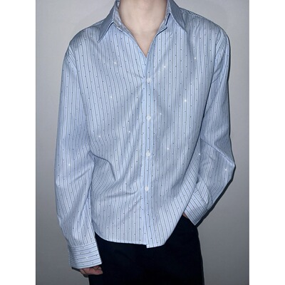 韩系烫钻条纹设计感长袖衬衫男潮ins早春上衣高级松弛感开衫衬衣