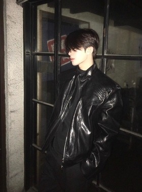 春秋季高定款金属骨骼哥斯拉立领机车超帅PU外套夹克男女同款黑色