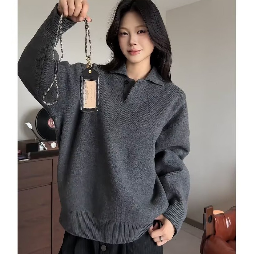 灰色翻领毛衣女内搭针织衫百搭秋冬新款慵懒风POLO打底衫韩系上衣