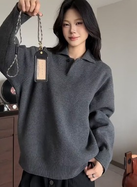 灰色翻领毛衣女内搭针织衫百搭秋冬新款慵懒风POLO打底衫韩系上衣