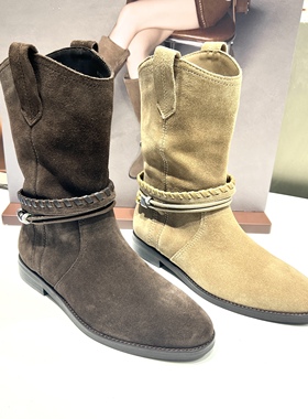 于文文同款思加图冬季新款流浪牧歌复古西部牛仔中筒靴子EIL04DS5