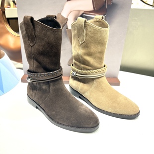 流浪牧歌复古西部牛仔中筒靴子EIL04DS5 新款 于文文同款 思加图冬季