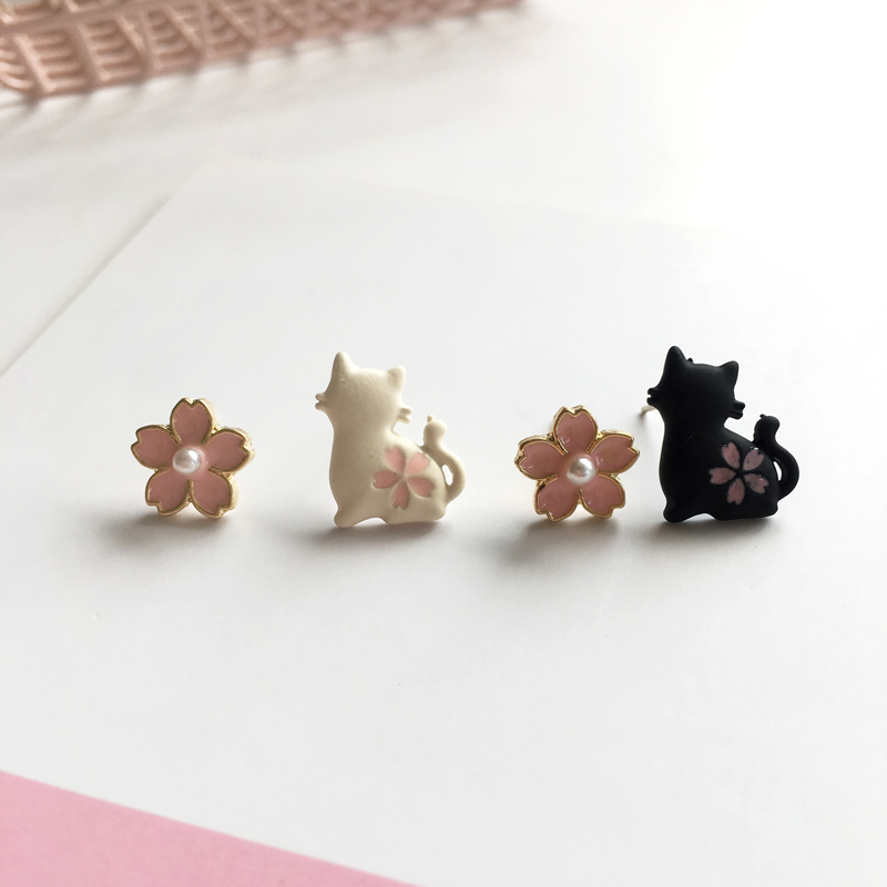 s925银针俏皮淑女感可爱猫咪樱花耳钉日常穿搭可爱罗立峰耳饰