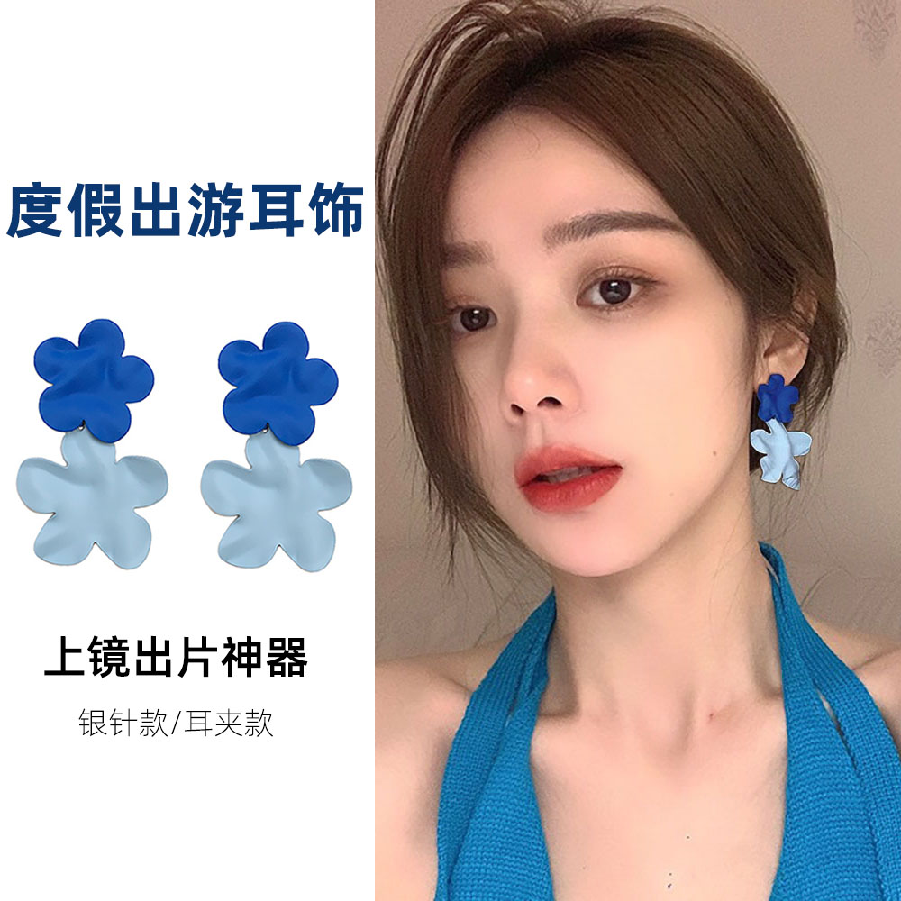 【实拍】显白蓝色花瓣耳夹耳环