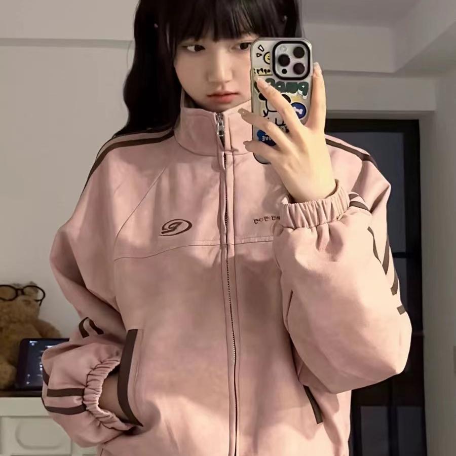 美式复古鹿皮绒棒球服女春秋新款小个子韩版宽松学生短款夹克外套