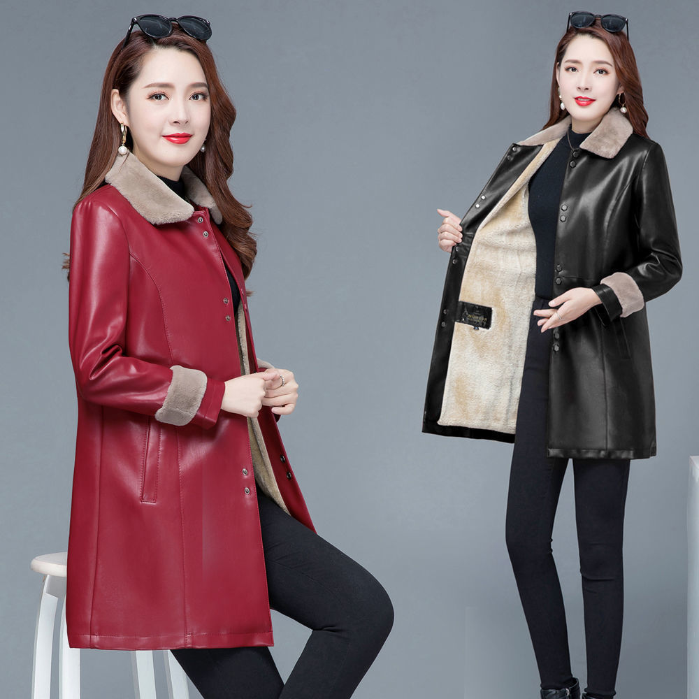 皮衣女2025秋冬季加绒加厚女外套中长款宽松大码休闲女装妈妈装潮