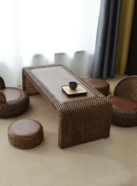 藤编榻榻米茶桌新中式家用阳台飘窗小桌子日式禅意茶几地台炕矮桌