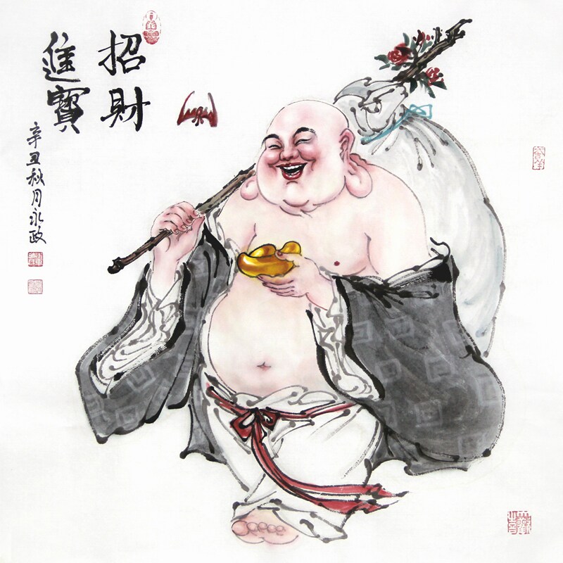 纯手绘斗方国画宣纸写意人物画 趣味吉祥寓意风水挂画 新中式风格