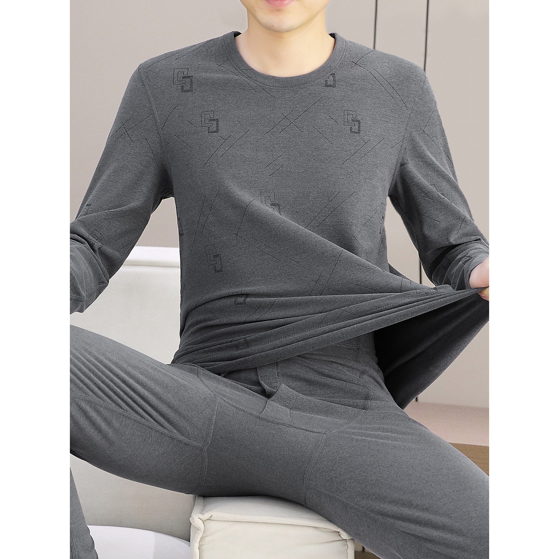 德绒保暖内衣男款加绒薄款秋冬季打底老年人爸爸秋衣秋裤男士套装