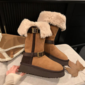 官方正品 羊皮毛一体加绒保暖长筒棉鞋 雪国列车翻边雪地靴女款 冬季