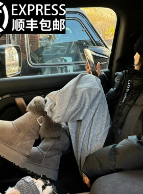 澳洲进口羊皮~灰色扣带厚底毛毛翻边保暖棉鞋中长筒雪地靴女冬季