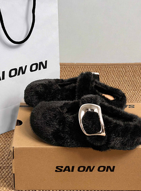 周也同款洛克甜庄黑色包头外穿毛毛拖鞋女款2025冬季新款羊毛拖潮