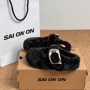 新款 周也同款 2025冬季 女款 羊毛拖潮 洛克甜庄黑色包头外穿毛毛拖鞋
