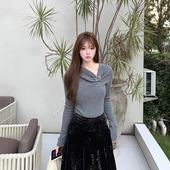 臻奢轻暖羊毛立体肌理 针织衫 斜领抽褶金属装 饰修身