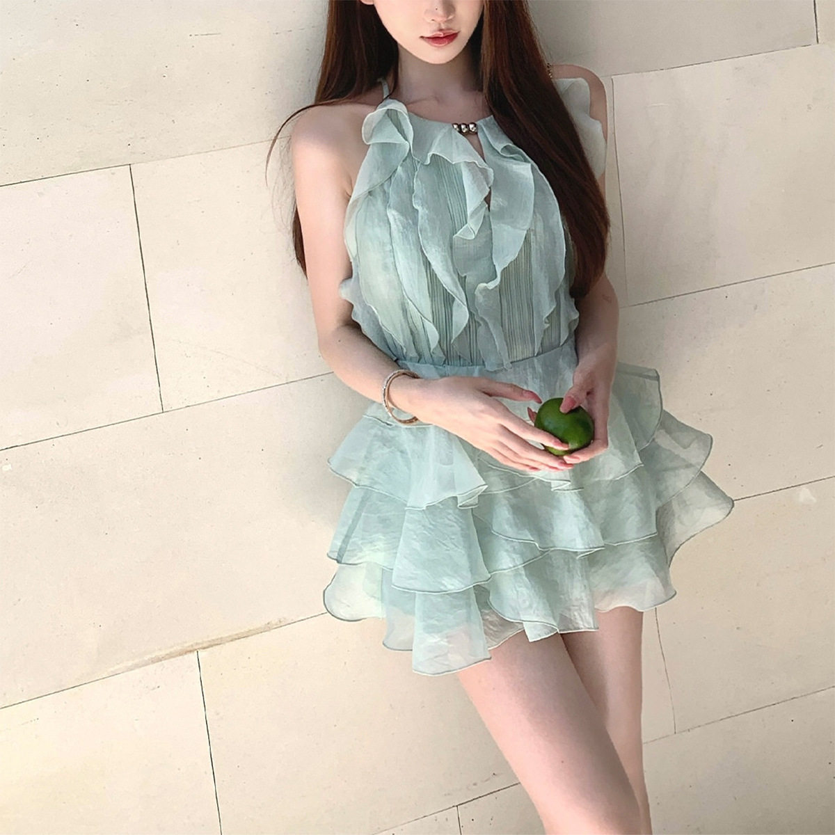 圣马丁情书 清新 薄荷色荷叶边压褶连衣裙女夏度假风上衣短裤套装
