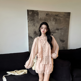 高支亚麻蕾丝娃娃小衫套装女夏季两件套薄款衬衫休闲短裤防晒上衣