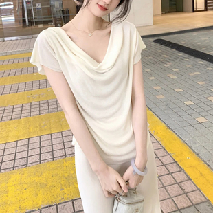 香颂~天丝蚕桑丝纯色荡领小针织短袖T恤轻薄修身上衣女夏高级感