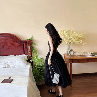 旧梦芭蕾/黑色法式宫廷风网纱半身裙夏季纱裙a字蓬蓬裙中长裙女