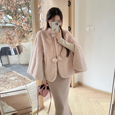 昭和甜心_进口紫标水貂毛皮草2025新款小雪球千金风斗篷大衣外套