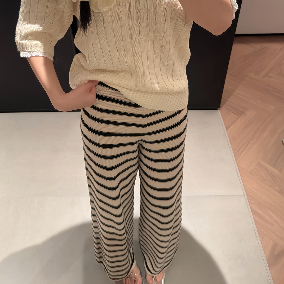 新改版 海军&少女配色立体条纹阔腿针织裤夏季宽松垂感拖地长裤子