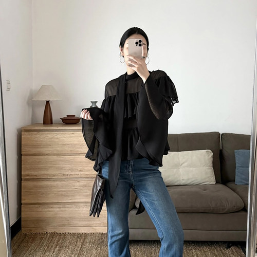 Gakee official 法式黑色雪纺衫女设计感双层荷叶边轻透衬衣