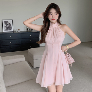 顾小落 欲望苏黎世 纯欲挂脖飘带裙女夏季新款无袖短款连衣裙