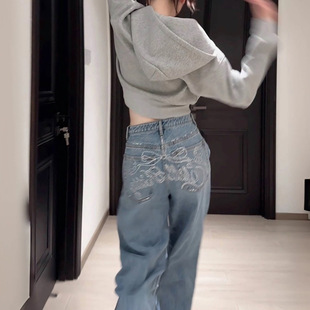 【钻石猫咪牛仔裤】高品质甜酷直筒烫钻牛仔裤女阔腿裤早秋长裤