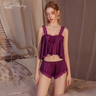 睡衣薄款 甜美风吊带短裤 性感冰丝家居服两件套 新款 纯欲家居服套装