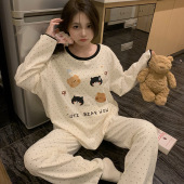 家居服套装 长裤 跨境专供 睡衣女日系风可爱甜美圆领套头长袖 长袖
