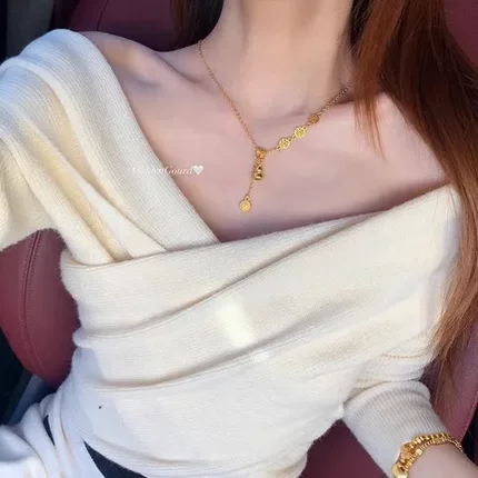 气质女锁骨链项链毛衣链配饰流苏福牌沙金小众~添禄吊坠添福葫芦