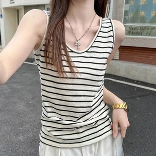 百搭v领女可外穿夏季 背心上衣棉麻2025显瘦条纹宽松大码 新款