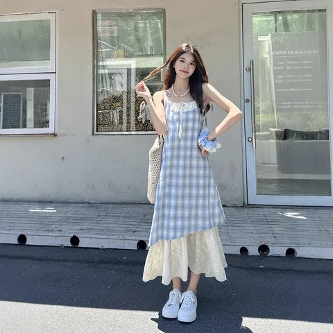 150连衣裙矮个子中长裙a字夏季假两件格纹蕾丝吊带裙宽松女小拼接