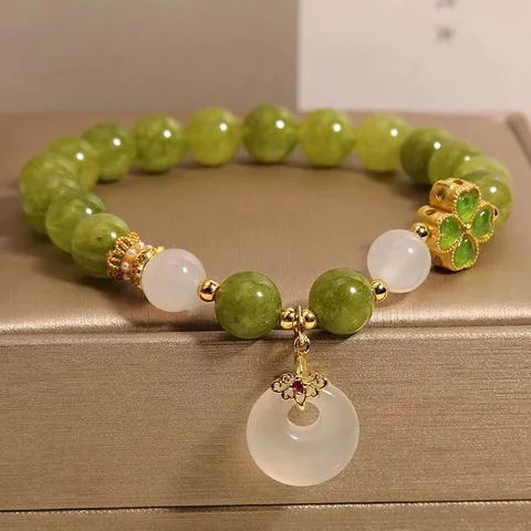 手链新中式轻奢手串天然石平安扣小众玉髓款绿色四叶草精致女碧玺