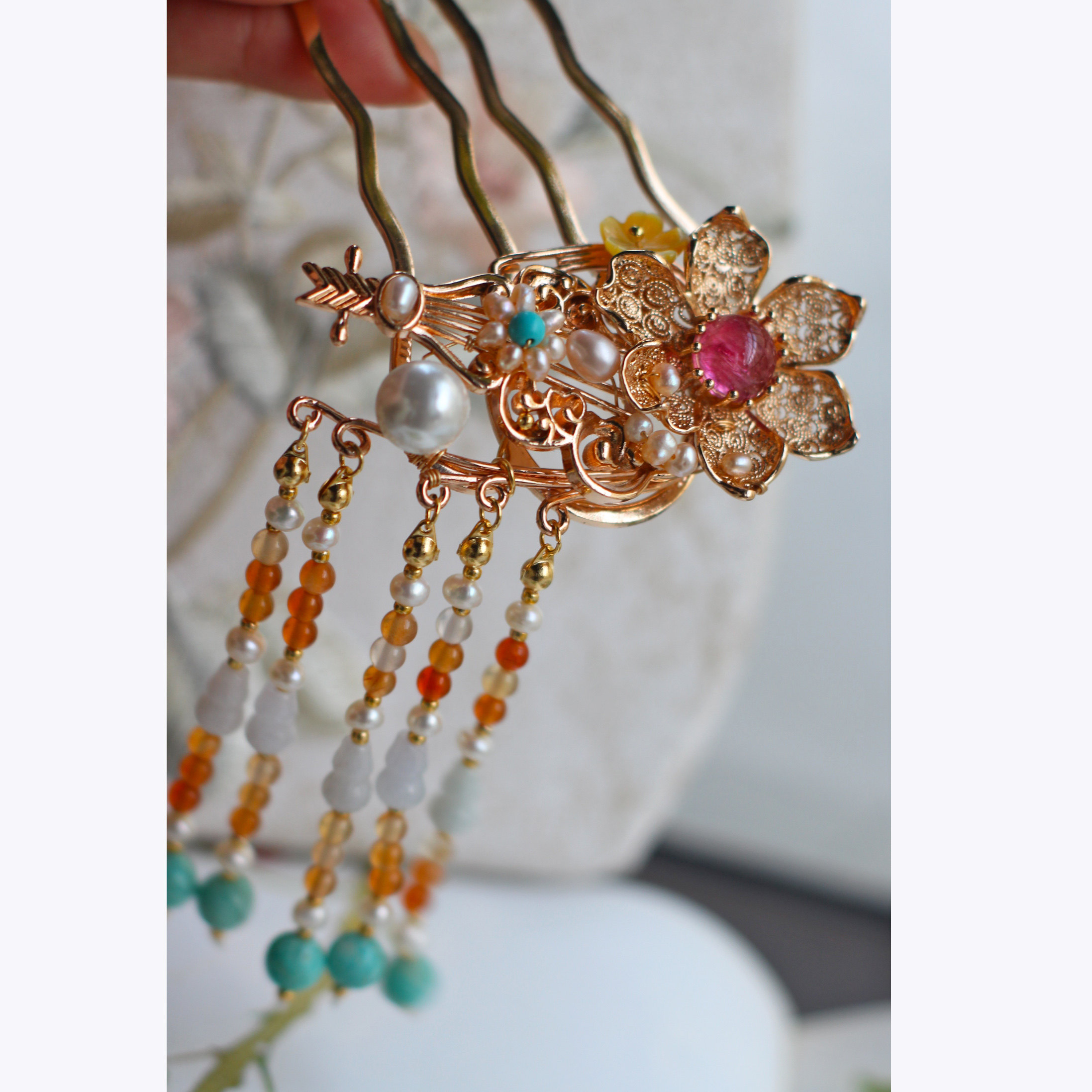 花荫月原创设计保色铜琉璃珍珠玛瑙琵琶敦煌风发梳汉服配饰国风