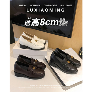 牛皮版~8cm厚底英伦风小皮鞋女春新款高跟乐福鞋小个子内增高单鞋