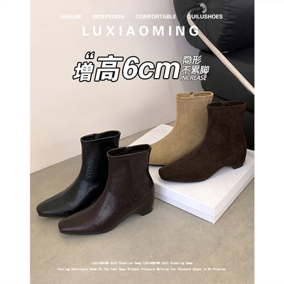 加绒高跟短靴方头内增高瘦瘦靴