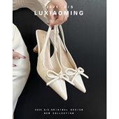 细跟包头后空单鞋 女2025春夏新款 气质尖头蝴蝶结高跟凉鞋 羊皮版