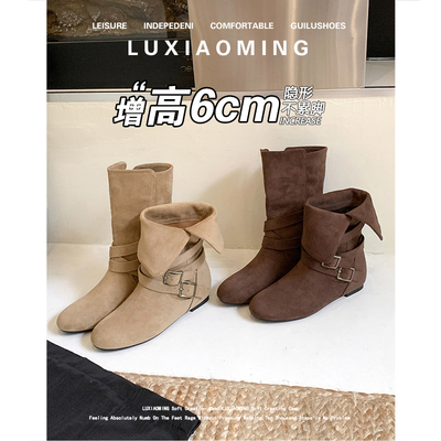 真皮小众辣妹高跟短靴翻领马丁靴