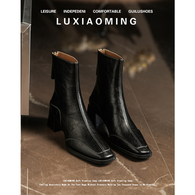 真皮小众粗高跟短靴方头瘦瘦靴