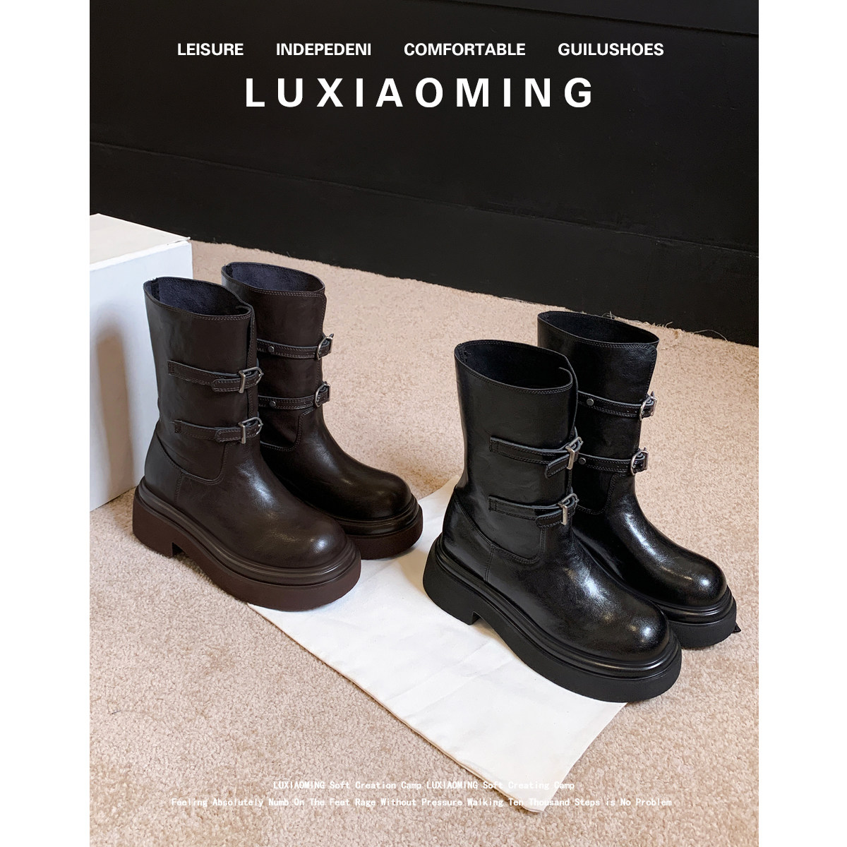 牛皮版~宣仪同款马丁靴女2025秋新款6cm厚底机车靴皮带扣街头短靴,女鞋,马丁靴,淘宝优惠券,粉丝福利购,淘宝优惠卷