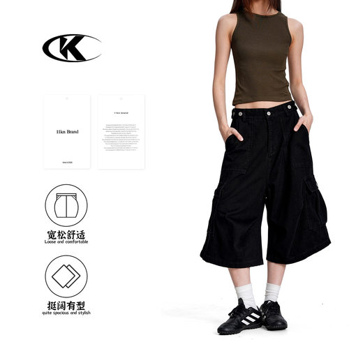 11KN美式复古大口袋七分工装裤男女调节腰带设计宽松休闲阔腿短裤