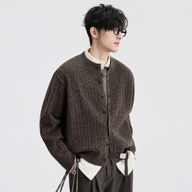 老钱风羊毛混纺麻花针织开衫毛衣秋冬基础百搭扭绳慵懒风毛衣外套