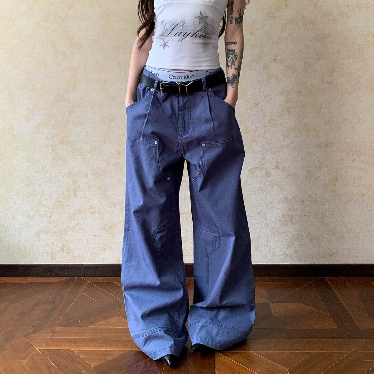美式法工蓝多口袋工装伐木裤男女cleanfit宽松直筒百搭堆积感裤子