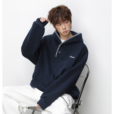 400G重磅半开领连帽卫衣男春款撞色帽檐质感字母刺绣潮牌帽衫外套