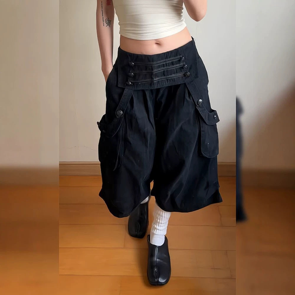 美式复古解构设计感工装裤子女夏季新款街头辣妹双排扣褶皱七分裤