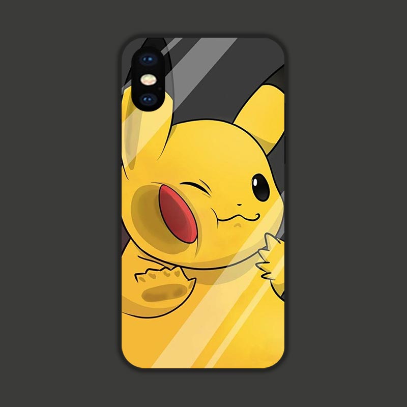 皮卡丘撞脸宝可梦适用苹果16/12/13/14玻璃XS手机壳iPhone15ProMax磨砂华为/荣耀OPPO小米VIVO安卓硅胶保护壳